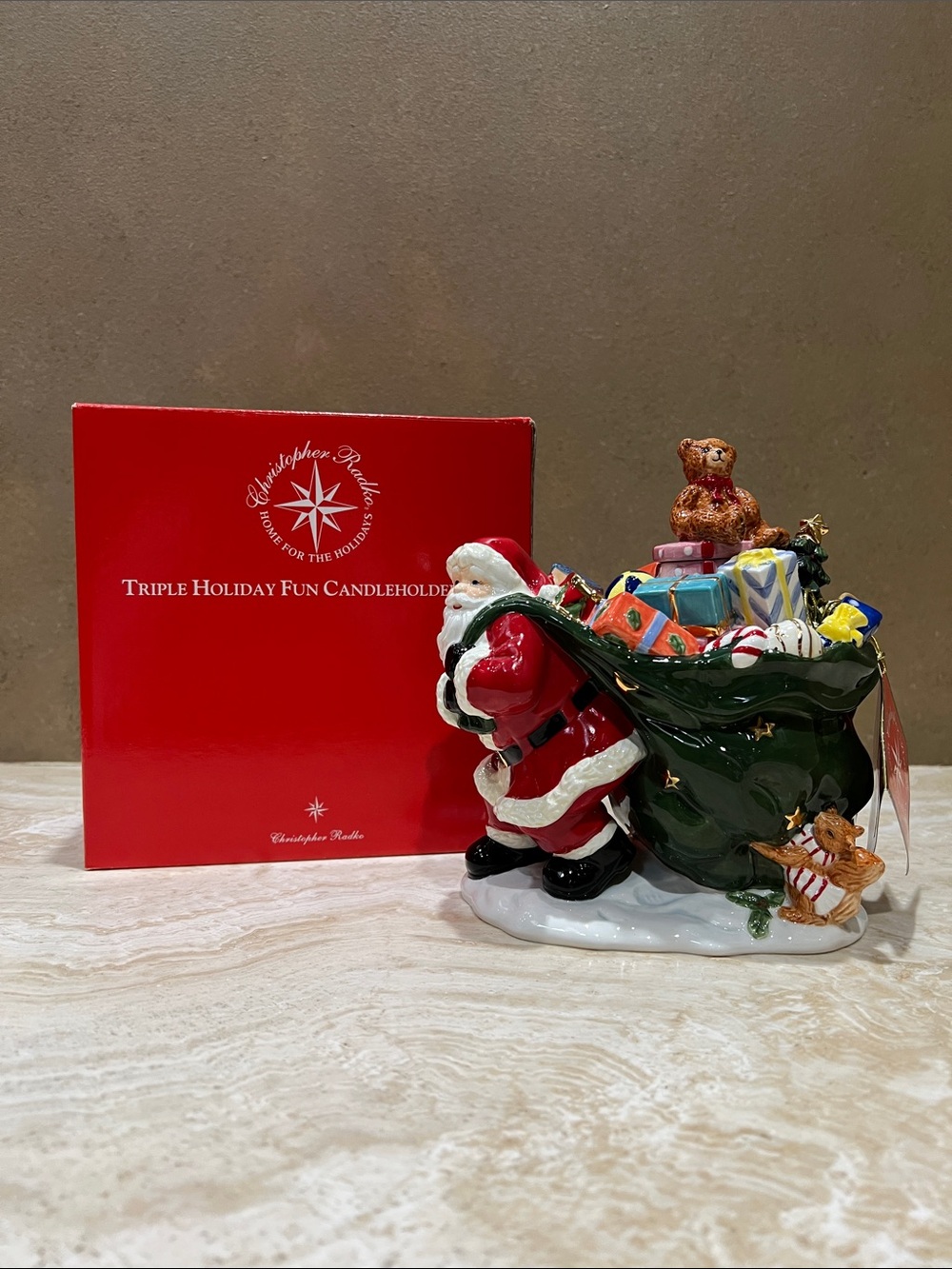 Christopher Radko Red, Green & Gold Santa with Gift Sack Candleholder